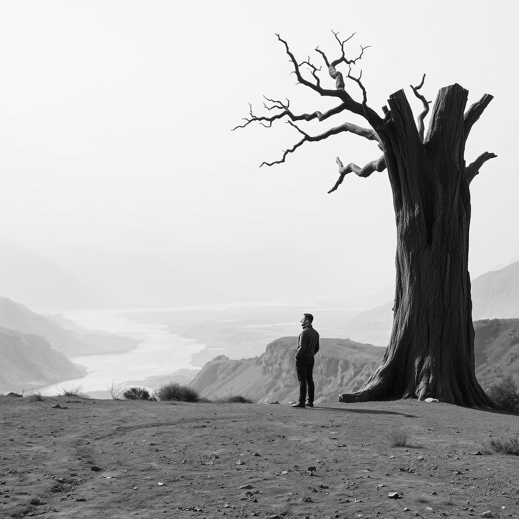 A hyper-realistic, minimalist black-and-white image of a rugged landscape