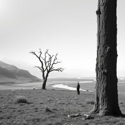 A hyper-realistic, minimalist black-and-white image of a rugged landscape
