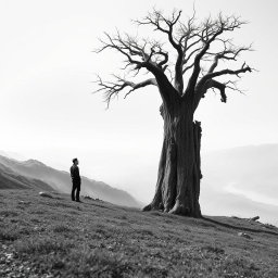 A hyper-realistic, minimalist black-and-white image of a rugged landscape