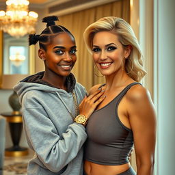 Inside a lavish hotel, a scene unfolds featuring a young African woman, petite and slender, 20 years old, with blue eyes and a mischievous smile
