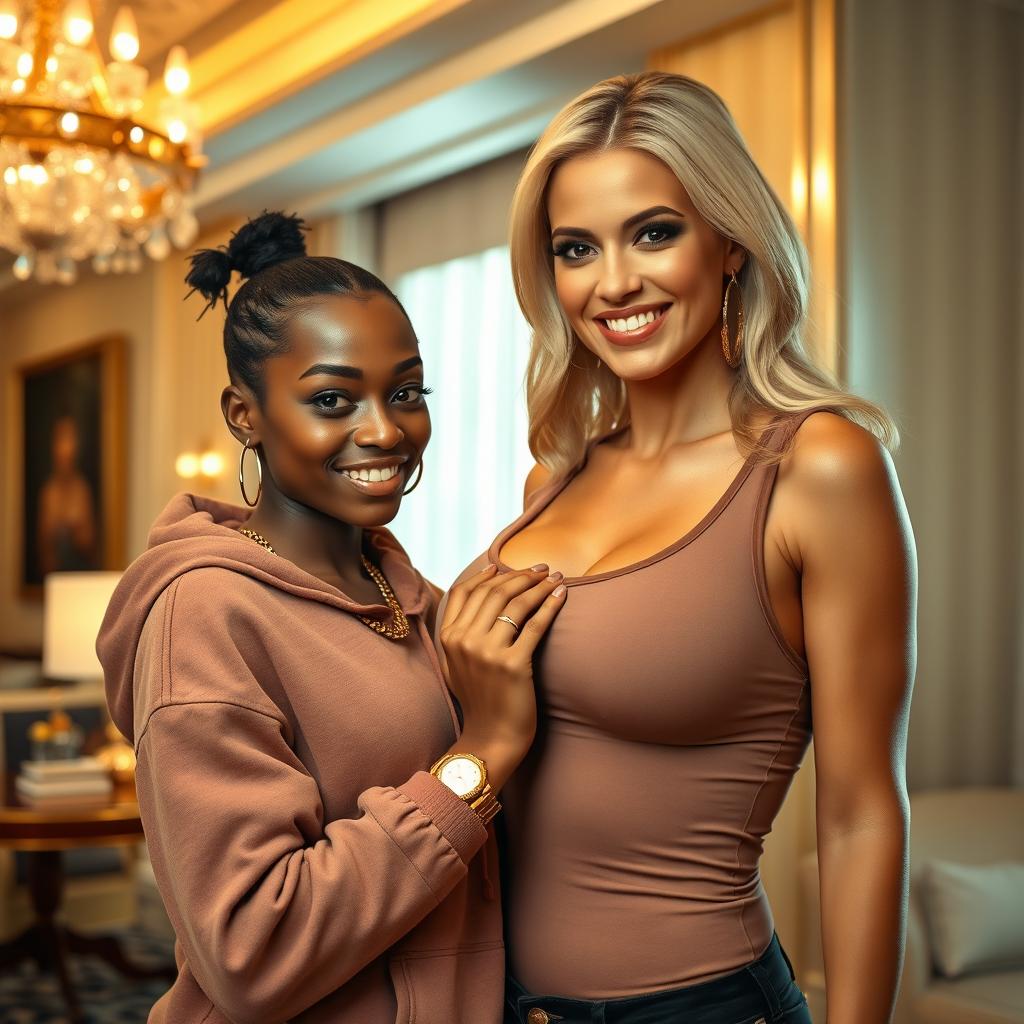 Inside a lavish hotel, a scene unfolds featuring a young African woman, petite and slender, 20 years old, with blue eyes and a mischievous smile