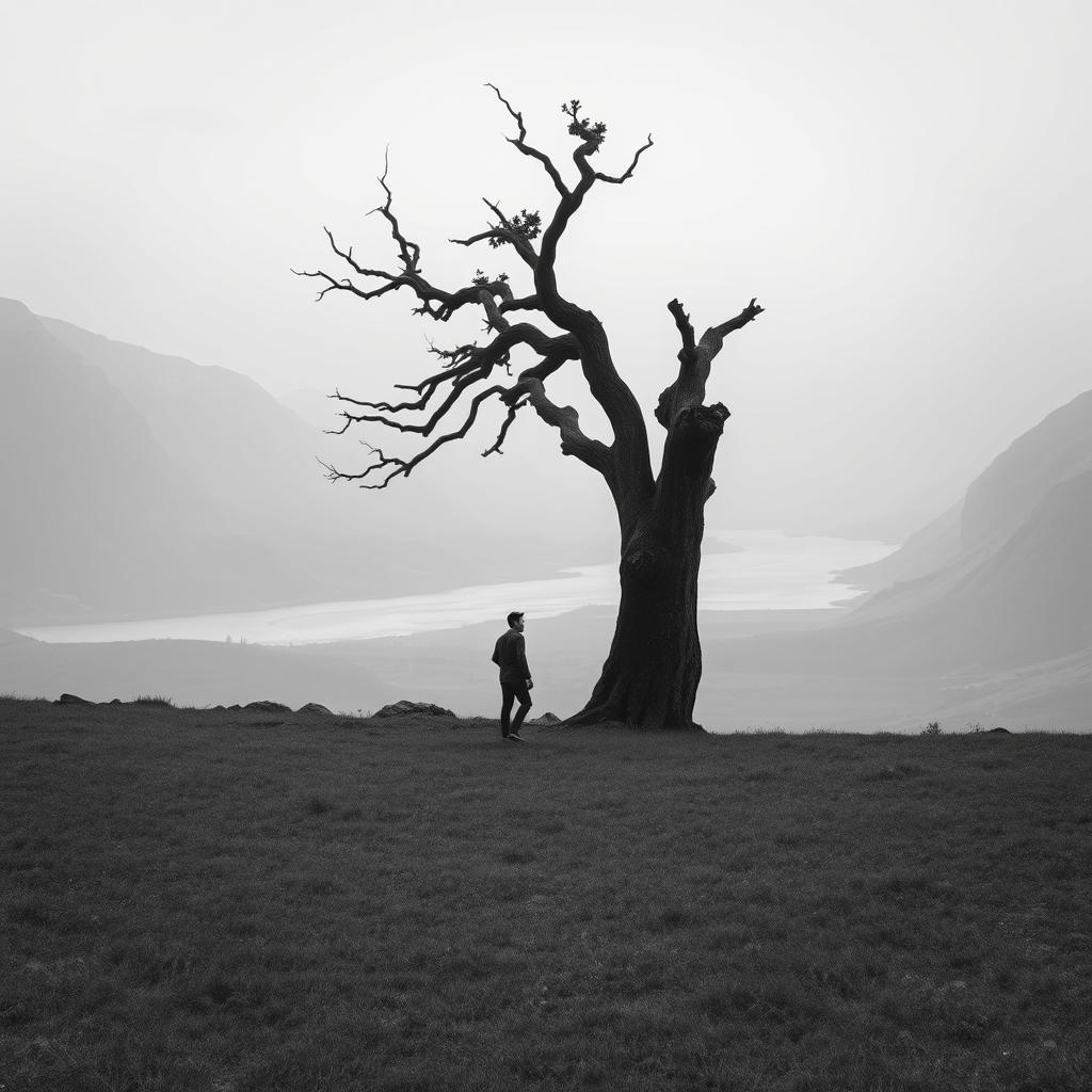 A hyper-realistic, minimalist black-and-white image of a rugged landscape