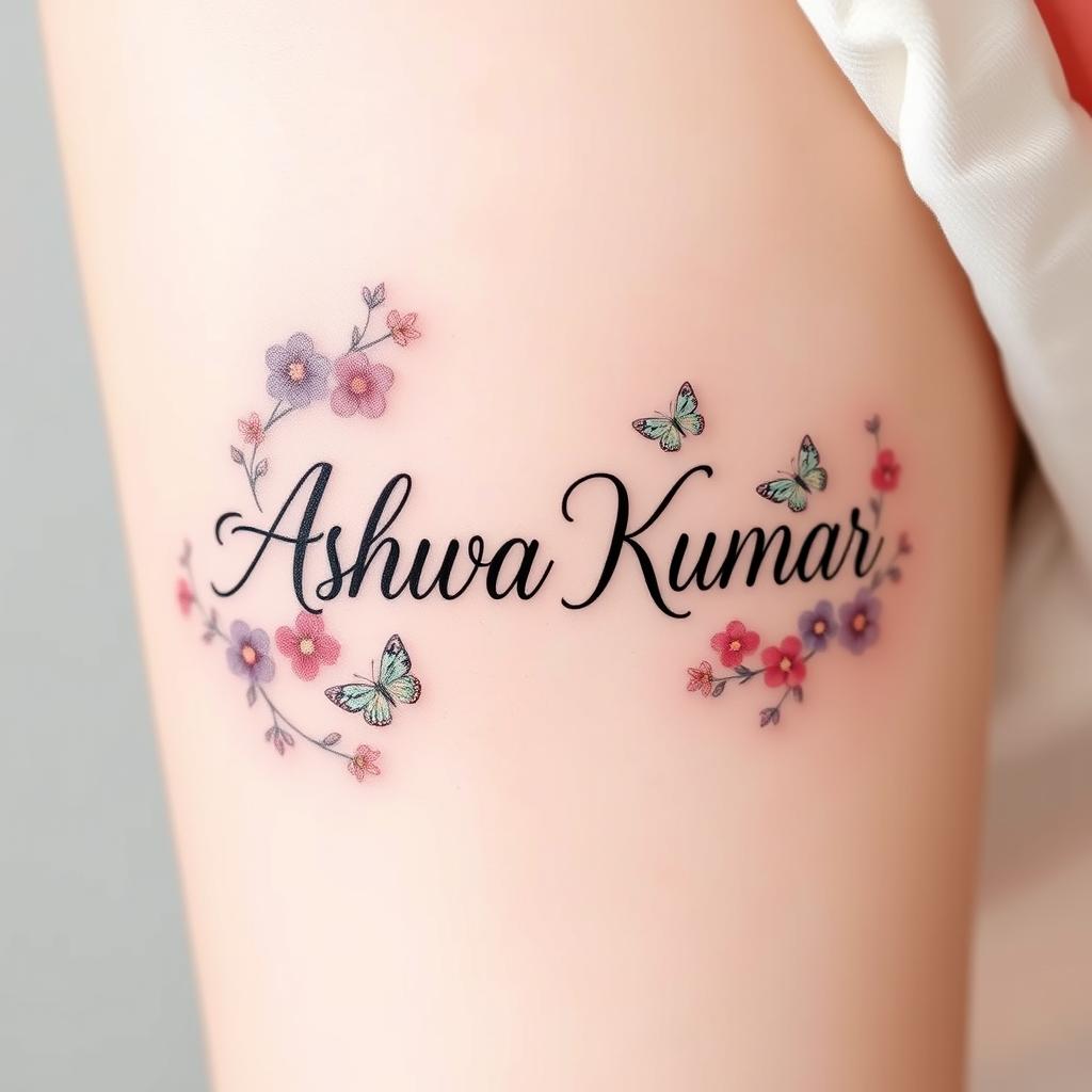 A cute tattoo design featuring the name 'Ashwa Kumar' in elegant cursive script surrounded by delicate floral elements such as cherry blossoms and small butterflies