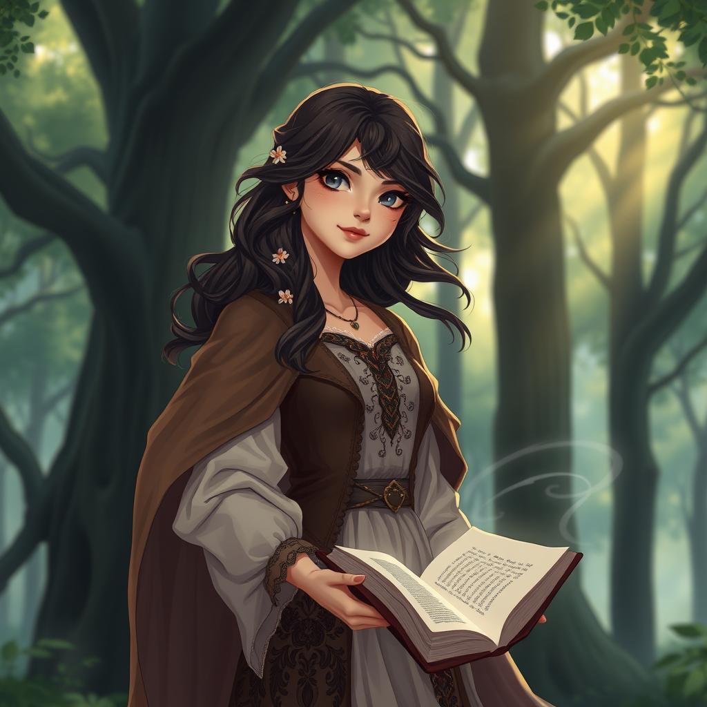 A character inspired by a book, portrayed as a confident young woman in a mystical forest