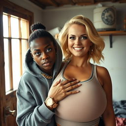 Inside a modest room, a scene features a young African woman, petite, 20 years old, with a fierce expression and blue eyes