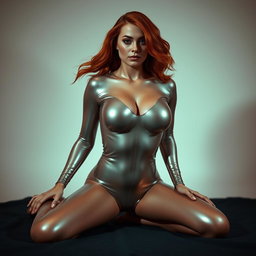 A beautiful redhead woman kneeling submissively in a striking, skin-tight shiny lycra bodysuit that accentuates her ample curves