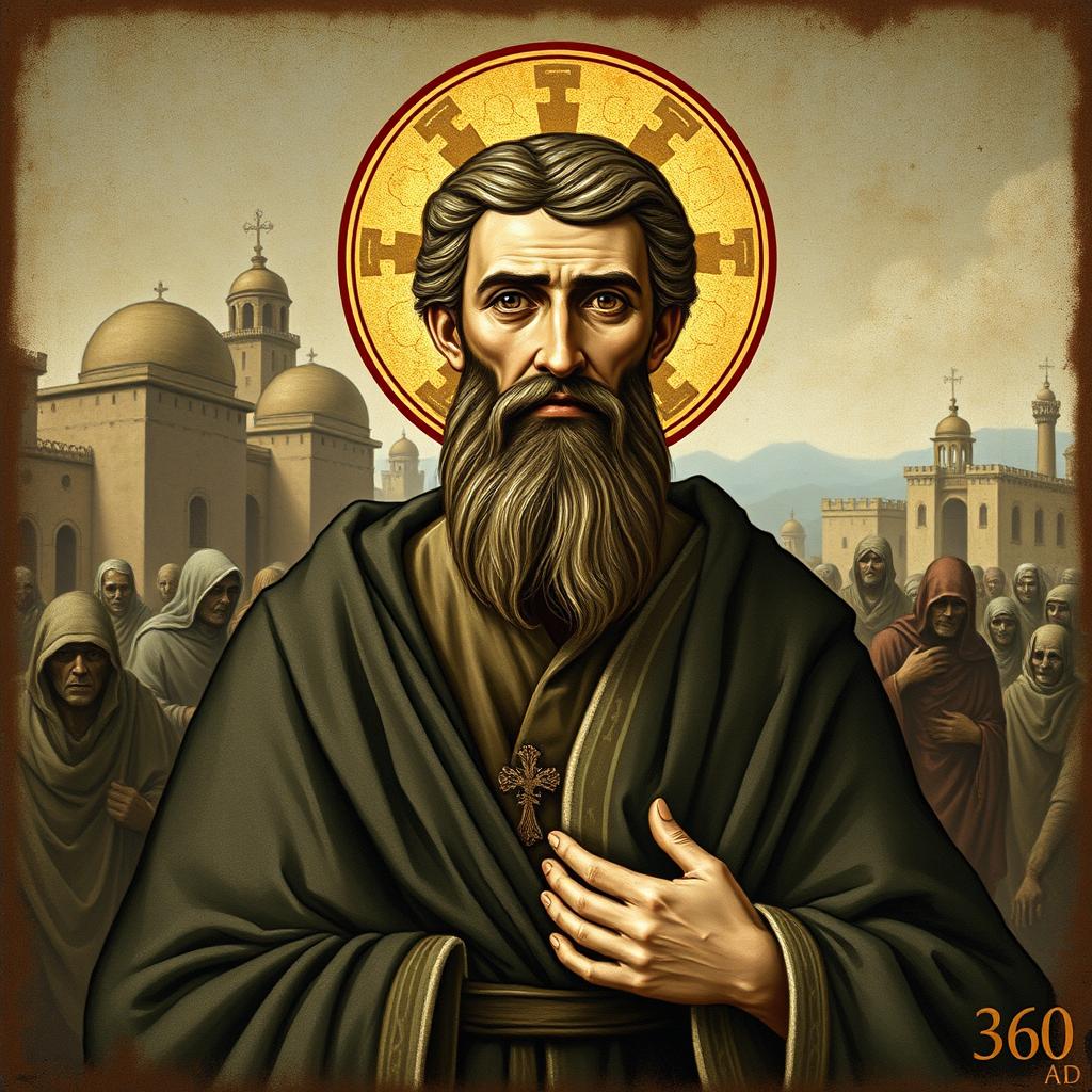A historical depiction of Saint Ephrem the Syrian, characterized by a radiant face reflecting deep faith and compassion