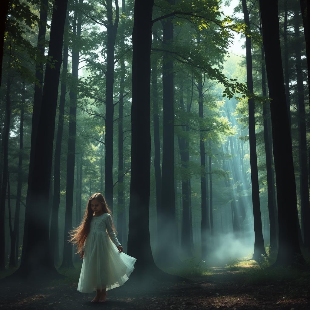 A serene and haunting scene featuring a ghostly figure of a young girl in a mystical forest located in Nainital, India
