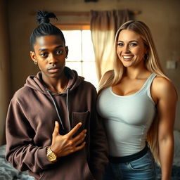 Inside a poor room, a young African woman who is short and skinny, aged 20, with a tough expression