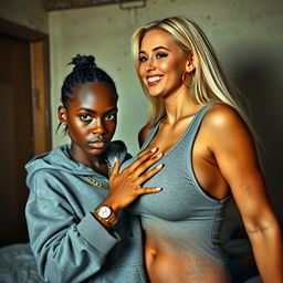 Inside a poor room, a young African woman who is short and skinny, aged 20, with a tough expression