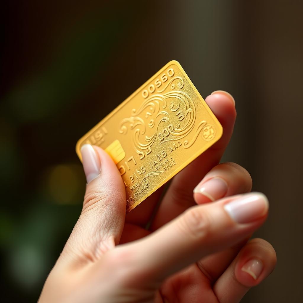 A close-up shot of a hand holding a shiny gold credit card, with intricate designs and a reflective surface