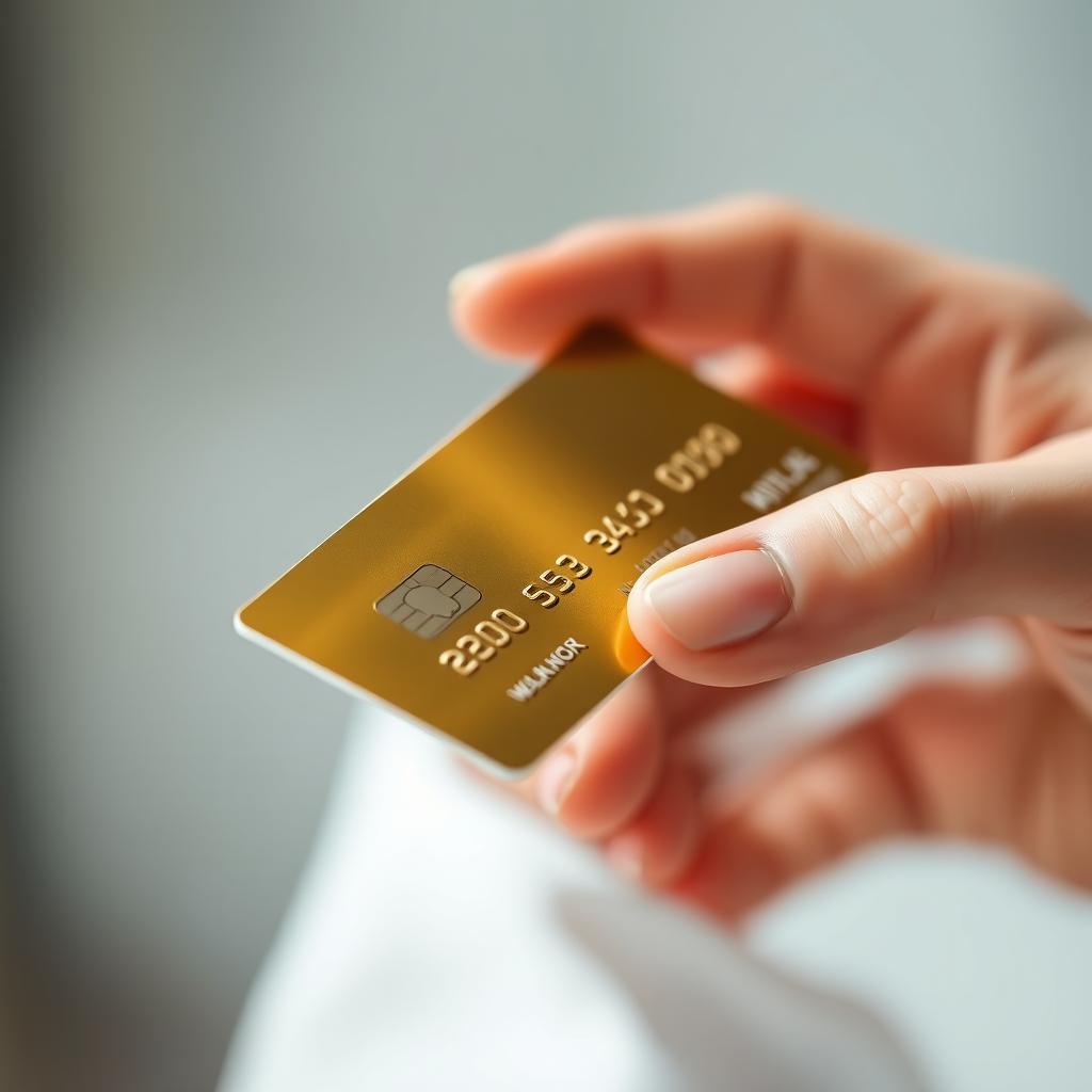 A close-up view of a hand delicately holding a shimmering gold credit card, showcasing its reflective surface and detailed engravings