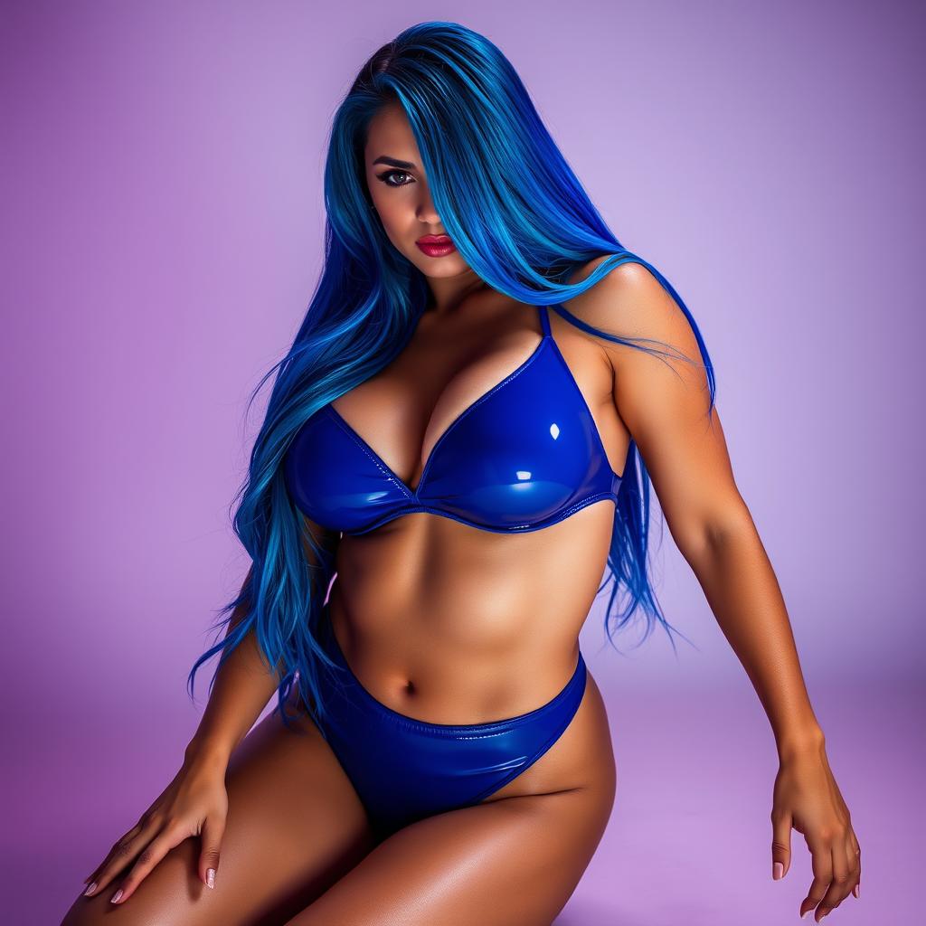 A beautiful blue-haired woman kneeling submissively in a striking, skin-tight shiny latex bikini that accentuates her generous curves and ample bust
