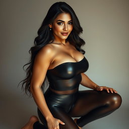 A beautiful dark-haired woman kneeling submissively in alluring, skin-tight shiny spandex workout clothes that emphasize her curvy figure and ample bust