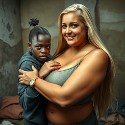 In a poor room, a young African woman who is short and undernourished, 20 years old with a fierce expression, wearing a gangster hoodie, has blue eyes, a gold chain, and a gold watch
