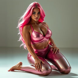 A beautiful pink-haired woman kneeling submissively in skin-tight shiny spandex workout clothes that accentuate her voluptuous figure and ample bust