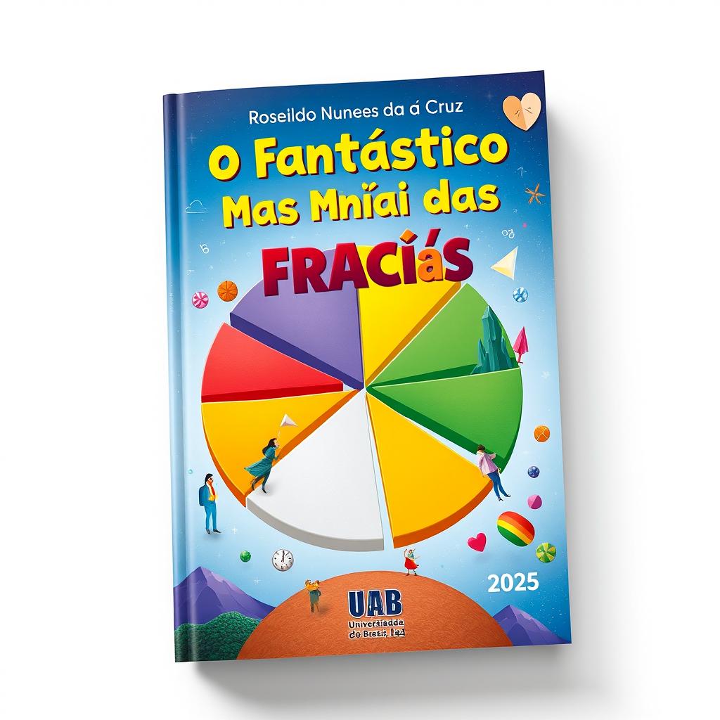 Book cover design featuring the title 'O Fantástico Mundo das Frações' prominently displayed at the top, in bold and colorful typography
