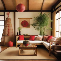 Japanese-inspired living room filled with bamboo and rattan decorations. In one corner, there is a Christmas tree, adorned with red accessories and bamboo elements.