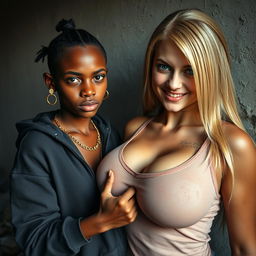 In a poor room, a young African woman, who is short, undernourished, and 20 years old, has a fierce expression