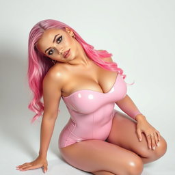A beautiful pink-haired woman kneeling submissively in a skin-tight shiny lycra bodysuit that accentuates her voluptuous figure and ample bust