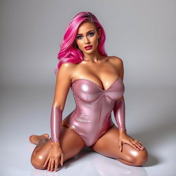 A beautiful pink-haired woman kneeling submissively in a skin-tight shiny lycra bodysuit that accentuates her voluptuous figure and ample bust