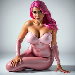 A beautiful pink-haired woman kneeling submissively in a skin-tight shiny lycra bodysuit that accentuates her voluptuous figure and ample bust