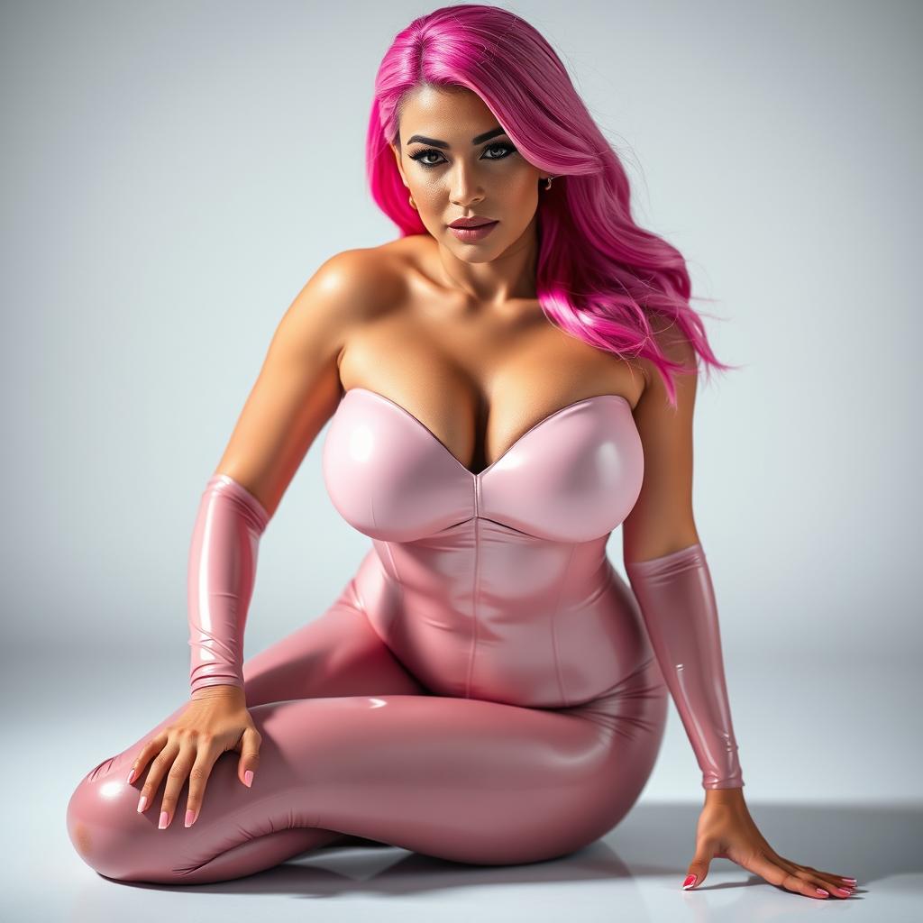 A beautiful pink-haired woman kneeling submissively in a skin-tight shiny lycra bodysuit that accentuates her voluptuous figure and ample bust