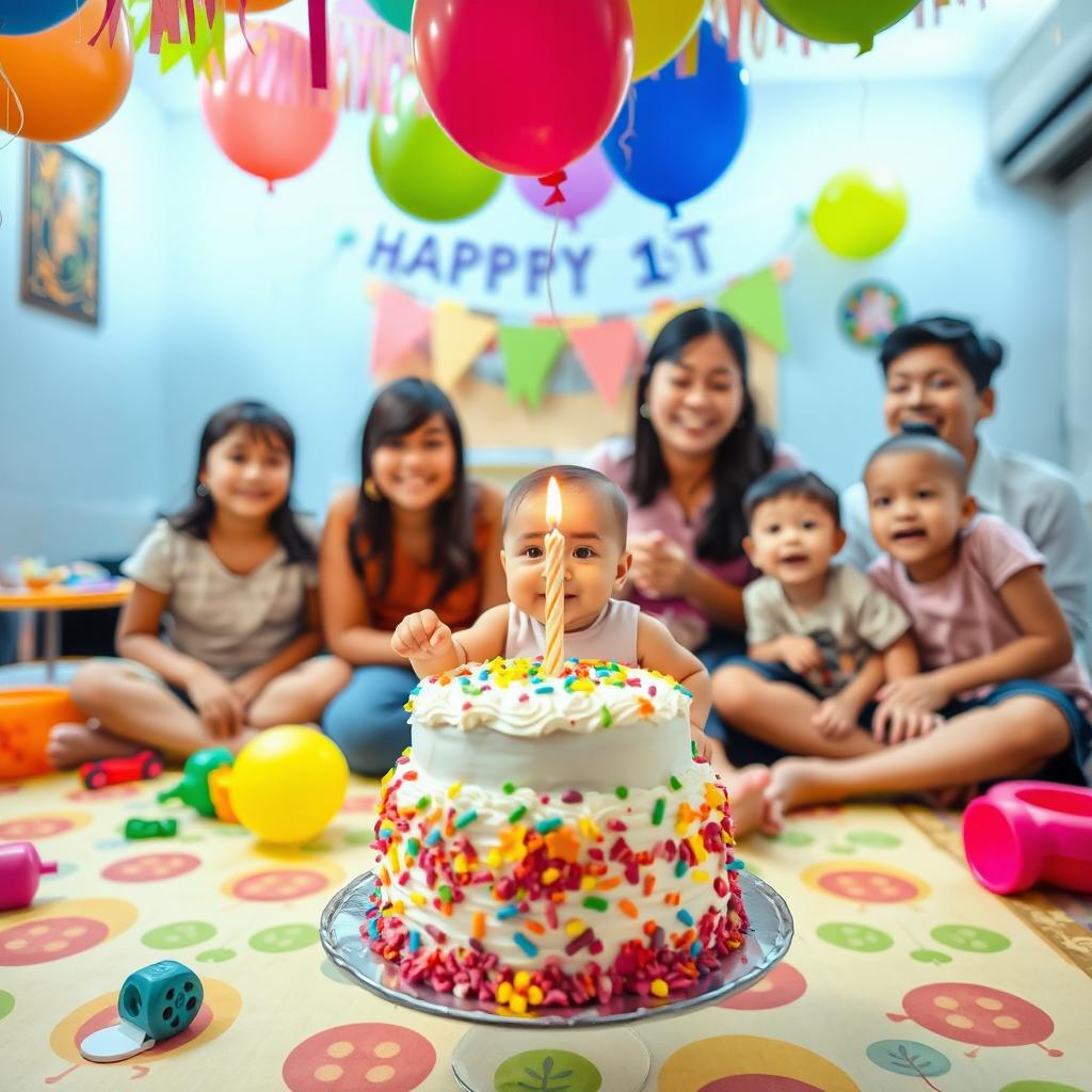 A joyful and festive scene celebrating a child's first birthday, featuring colorful balloons and a beautifully decorated cake with one candle on it