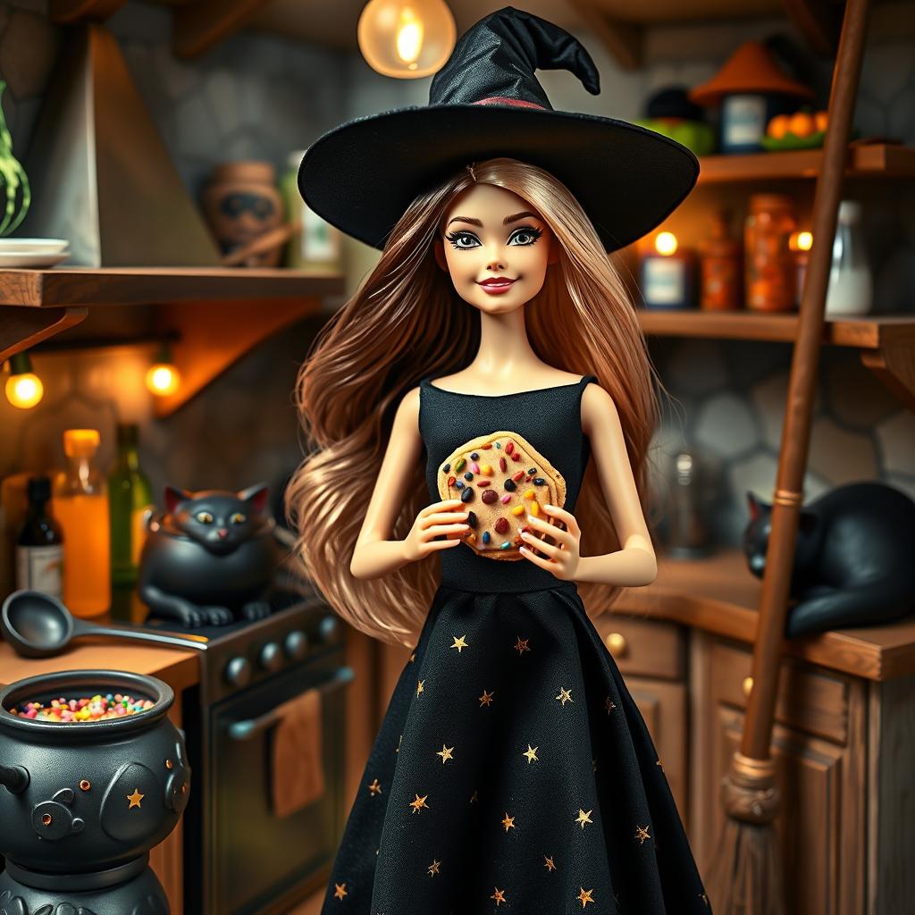 A whimsical Barbie witch standing in a cozy witch-themed kitchen