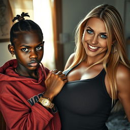 In a poor room, a young African woman who is both short, undernourished, and 20 years old, has an angry expression