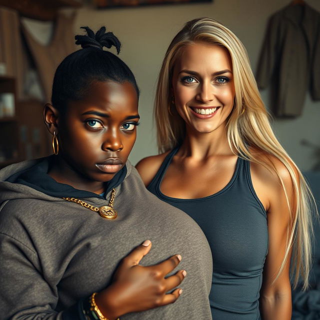 In a poor room, a young African woman who is both short, undernourished, and 20 years old, has an angry expression