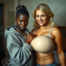 In a poor room, a 20-year-old African woman who is short, undernourished, and has an angry expression is depicted