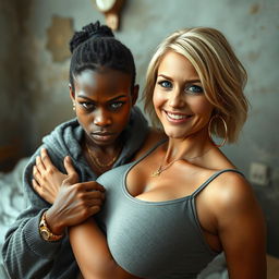 In a poor room, a 20-year-old African woman who is short, undernourished, and has an angry expression is depicted