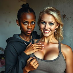 In a poor room, a 20-year-old African woman who is short, undernourished, and has an angry expression is depicted