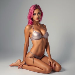 A skinny, beautiful pink-haired woman kneeling submissively in a skin-tight shiny lycra bikini that accentuates her slim figure and prominent bust