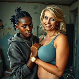 In a dilapidated room, a 20-year-old African woman, who is short, undernourished, and has an angry expression, is depicted