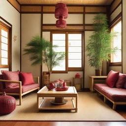 Japanese-inspired living room filled with bamboo and rattan decorations. In one corner, there is a Christmas tree, adorned with red accessories and bamboo elements.