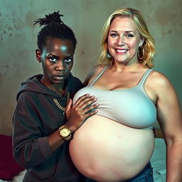 In a poor room, a 20-year-old African woman who is short, undernourished, and has an angry expression is depicted