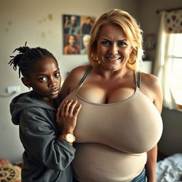 In a poor room, a 20-year-old African woman who is short, undernourished, and has an angry expression is depicted