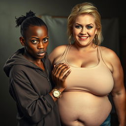 In a poor room, a 20-year-old African woman who is short, undernourished, and has an angry expression is depicted