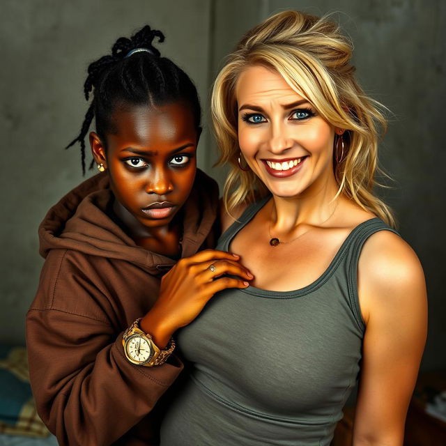 In a poor room, a young African woman, who is short, undernourished, and 20 years old, has an angry expression