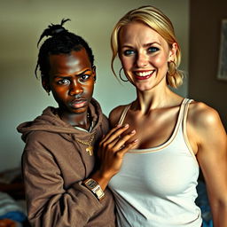 In a poor room, a young African woman, who is short, undernourished, and 20 years old, has an angry expression