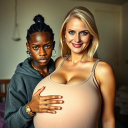 In a poor room, a young African woman, who is short, undernourished, and 20 years old, has an angry expression