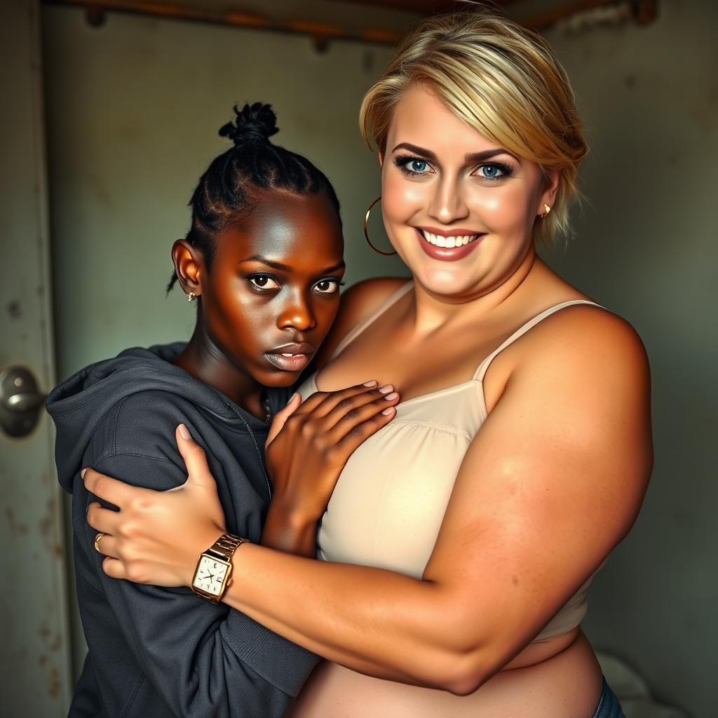 In a poor room, a 20-year-old African woman, short and undernourished, has a fierce expression