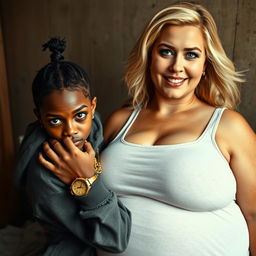 In a poor room, a 20-year-old African woman, short and undernourished, has a fierce expression