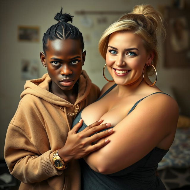 In a poor room, a fierce-looking 20-year-old African woman, who is short and undernourished, is depicted