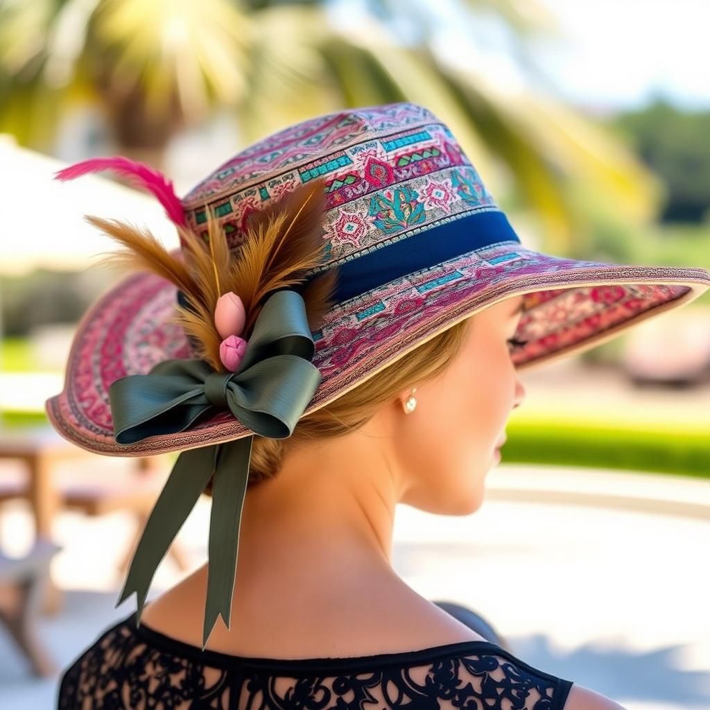 A beautifully designed hat with intricate patterns, featuring a wide brim and vibrant colors, showcased against a soft-focus background of a sunny outdoor scene