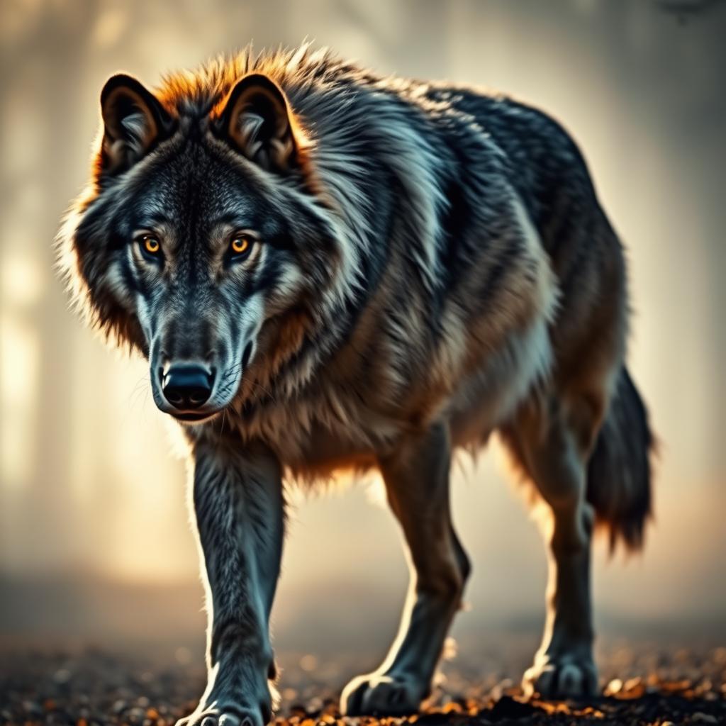 A majestic wolf walking slowly towards the camera, showcasing its powerful physique and captivating gaze