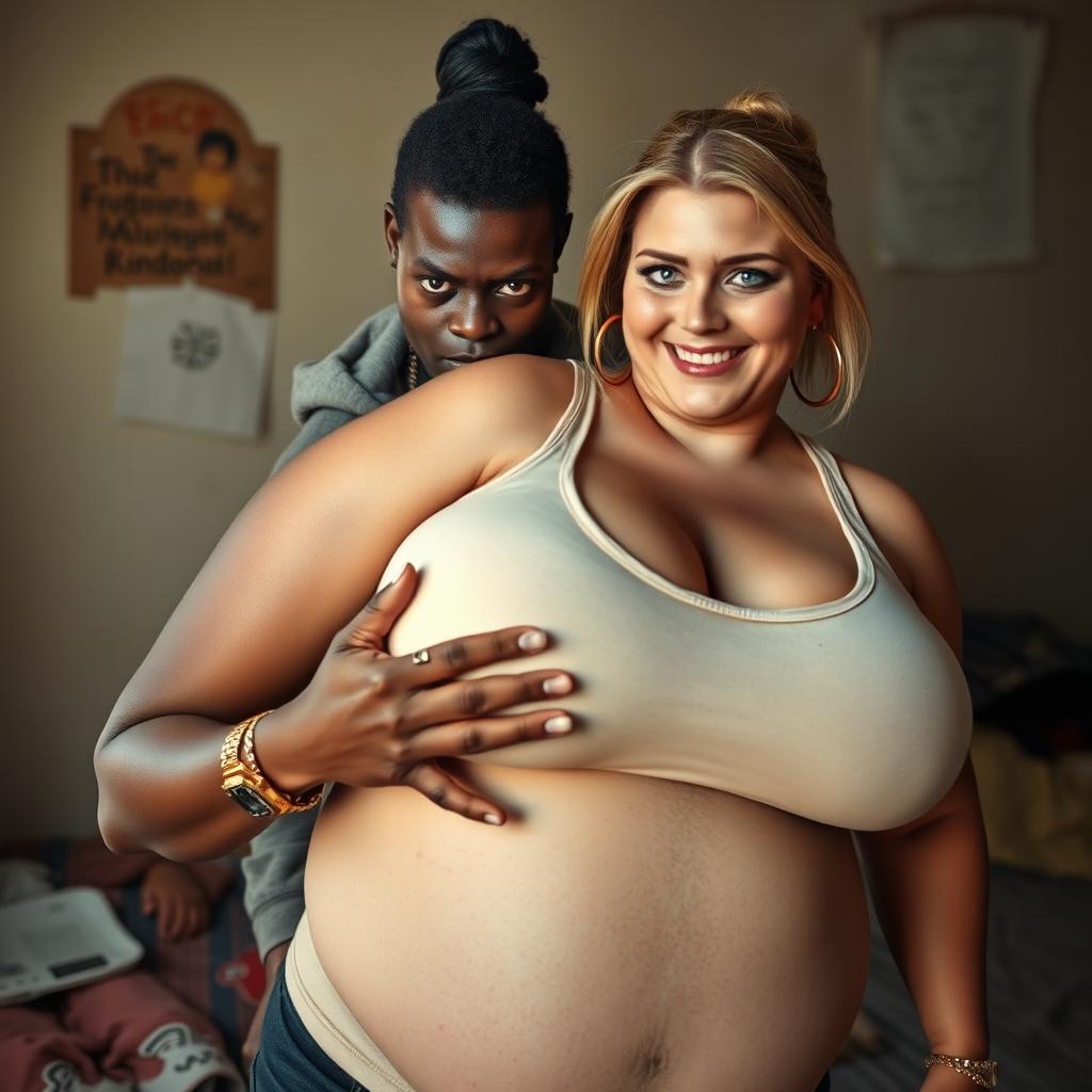 In a poor room, a 20-year-old African woman, who is short, undernourished, and has an angry, fierce expression, is depicted