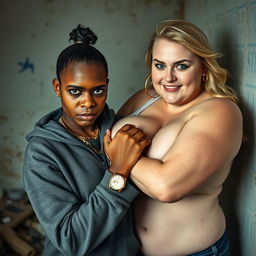 In a poor room, a 20-year-old African woman, who is short, undernourished, and has an angry, fierce expression, is depicted